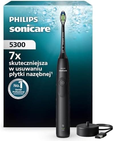 Philips Sonicare 5300 Elektryczna szczoteczka do zębów, szczoteczka soniczna z 2 poziomami intensywności, alertem nacisku, EasyStart, SmarTimer, kolor czarny, model HX7101/01 [Nowa technologia]