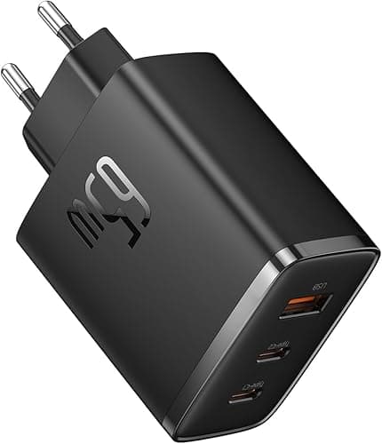 Baseus Ładowarka USB C, 65 W, zasilacz USB C, 3-portowy ładowarka PD, ładowarka z PPS, GaN szybka ładowarka kompatybilna z MacBook Pro/Air, iPhone 15/14/13/12, iPad Pro, Galaxy S23 Ultra, S23+, S23,