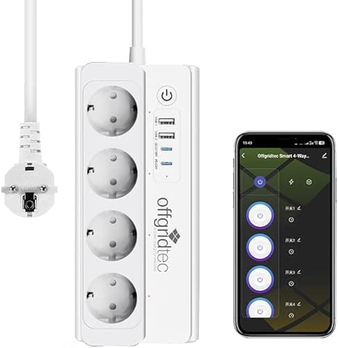 Offgridtec Listwa zasilająca Smart WiFi z 4 gniazdami wtykowymi + 2 USB-A i 2 USB-C, sterowana za pomocą aplikacji Smart Life/Tuya, monitorowanie energii w czasie rzeczywistym, kompatybilna z Alexa