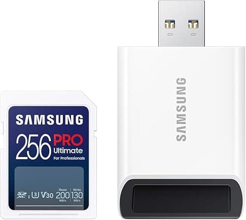 Samsung Karta SD PRO Ultimate 256 GB, UHS-I U3, Full HD i 4K UHD, odczyt 200 MB/s, zapis 130 MB/s, karta pamięci do smartfona, drona lub kamery, w zestawie czytnik kart USB, MB-SY256SB/WW