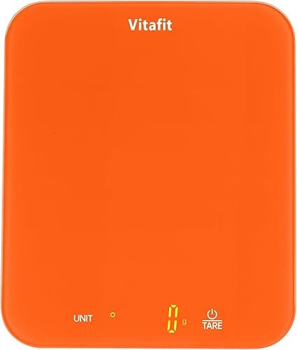 Vitafit Waga spożywcza o wysokiej precyzji 1 g, nasza własna waga kuchenna profesjonalna fabryka od 2001 roku, cyfrowa waga do gotowania i pieczenia, LED, 3 x bateria AAA, odświeżająca pomarańcza