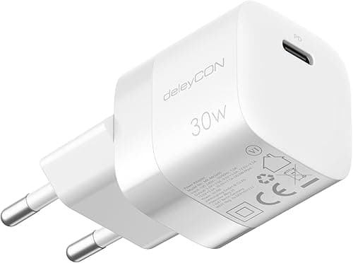 DeleyCON Ładowarka USB-C (Szybka Ładowarka 30 W) Zasilacz USB-C do Apple iPhone 17 16, 15, Pro, Pro Max, iPad, AirPods 4, Airpods Max, Watch, Samsung S25/S24/S23, Telefon Komórkowy, Ładowarka - Biała