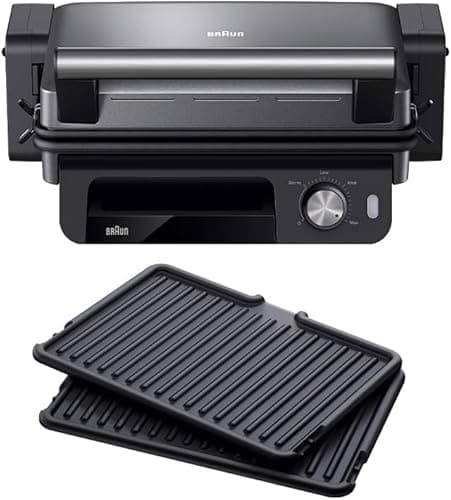 Braun MultiGrill CG5033IGY elektryczna patelnia grillowa, grill kontaktowy z pokrętłem, regulacja temperatury, 3 pozycje gotowania, wyjmowane i zmywalne płyty, otwarta płyta 30 x 22 cm, 2000 W, czarny