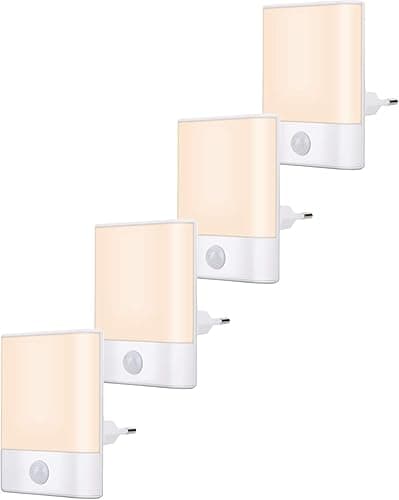 Brisun lampki nocne LED z czujnikiem ruchu i regulacją jasności, 4 sztuki, 3 tryby pracy (auto/On/Off), do pokoju dziecięcego, korytarza, sypialni, łazienki, na schody, ciepła biel
