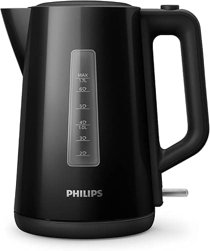 Philips czajnik elektryczny, pojemność 1,7 l, plastikowy, czytelny wskaźnik poziomu wody, system bezpieczeństwa chroniący przed włączeniem pustego czajnika, kolor czarny (HD9318/20)