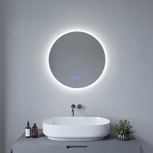 AQUABATOS Okrągłe lustro łazienkowe LED, ścienne, podświetlane, podświetlane, przełącznik dotykowy, temperatura barwowa, zimna biel, 6400 K, ciepła biel, 3000 K, ochrona przed parowaniem, IP44, CE, 60