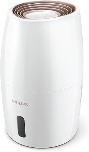 Philips Nawilżacz powietrza Serii 2000, Higieniczne nawilżanie NanoCloud, 99,97% mniej bakterii, 200 ml/h, Zbiornik 2L, Ultra cichy (33 dB), 3 prędkości, Tryby Auto i Nocny, Timer, Biały (HU2716/10)