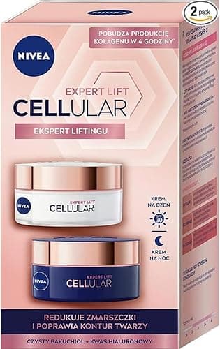 NIVEA CELLULAR Expert Lift Zestaw Przeciwzmarszczkowych kremów do twarzy na dzień i noc z kwasem hialuronowym i bakuchiolem, 2 x 50 ml