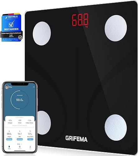 GRIFEMA GA2001 Cyfrowa Waga Łazienkowa z Pomiarem Tkanki Tłuszczowej, Bluetooth Inteligentna z Aplikacją MovingLife, 13 Funkcji Monitorowania Ciała, Maks. 150 kg, Czarna