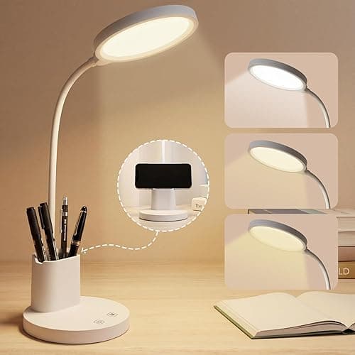 LQWELL Lampka biurkowa LED Touch dla dzieci i dorosłych, 360°, gęsia szyja, 3 kolory i regulacja jasności, z uchwytem na długopis i telefon, przewód zasilający 1,2 m, wtyczka, kolor biały