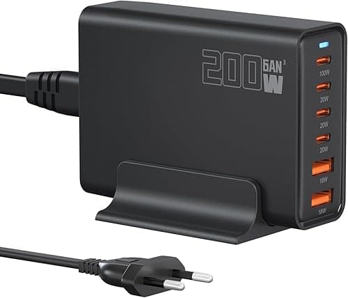 Szybka ładowarka 200 W, wtyczka USB C, 6-portowa GaN III stacja ładująca PD 100 W, 65 W, 44 W, 20 W, ładowarka do laptopa 18 W QC, kompatybilna z MacBook Pro/Air, Dell XPS, iPhone 15/16/14/Pro