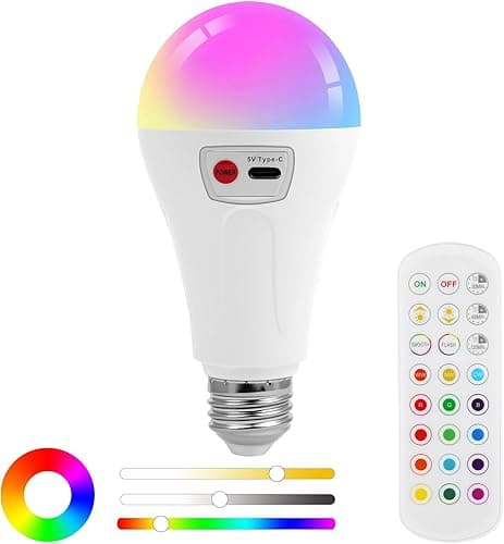 AUAUY Żarówka LED z Możliwością Ponownego Ładowania z Pilotem Zdalnego Sterowania, E27 RGB Inteligentna Żarówka, 12 Regulowanych Kolorów, do Oświetlenia w Domu i na Zewnątrz [Klasa Energetyczna G]
