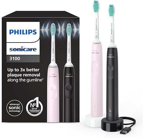 Philips Sonicare 3100, elektryczna soniczna szczoteczka do zębów z czujnikiem siły nacisku i zegarem programowanym, kolor pudrowy róż i czarny, dwie sztuki, HX3675/15