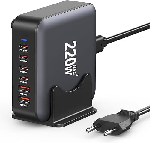 Ładowarka USB C, 6-portowa stacja ładująca 220 W, 【4 USBC + 2 USBA】 Hub szybki kompaktowy adapter zasilania GaN, zasilacz PD USB-C + ładowarka QC kompatybilna z iPhone/iPad/Samsung/Laptop