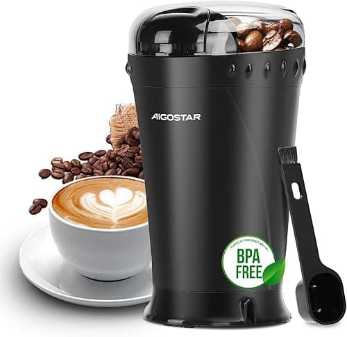 Aigostar Elektryczny Młynek do Kawy, Młynek do Zboża z Ostrzami ze Stali Nierdzewnej, Pojemność 60g z Szczoteczką do Czyszczenia, Przezroczysta Pokrywa, Wolny od BPA, 200W, Czarny