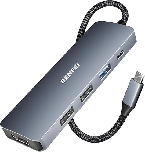 BENFEI USB C Hub 5 w 1 z 4K HDMI (certyfikowany), zasilanie 100 W, 3 USB-A, kabel silikonowy, aluminiowa obudowa kompatybilna z MacBookiem Pro/Air, iPadem Pro, iMacem, XPS, Thinkpadem