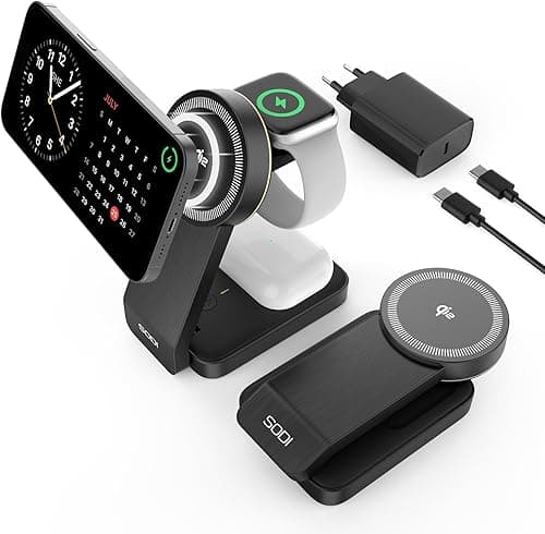 SODI Bezprzewodowa stacja ładująca 3 w 1, certyfikat Qi2, 15 W, składana stacja ładująca do iPhone 16/15/14/13/12, AirPods, Apple Watch