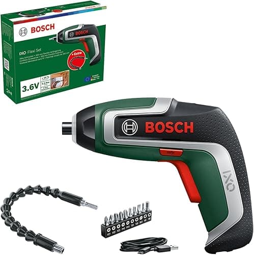 Bosch kompaktowa akumulatorowa wkrętarka IXO zestaw Flexi (elastyczne wkręcanie, 7. gen., 3,6 V / 2,0 Ah, wałek giętki i przewód USB, maks. wygięcie 180°, 10 końcówek wkr.)