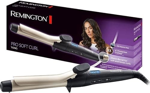 Remington lokówka z jonizacją (25mm) z klipsem, powłoka ceramiczna z turmalinem, 4x ochrona włosów, regulacja temp do 220°C, szybkie nagrzewanie, moc 45W, czarno-beżowa, Pro Soft Curl 6325