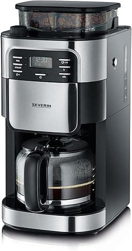 SEVERIN Przelewowy ekspres do kawy z młynkiem, zaparzacz do kawy ze szklanym dzbankiem i funkcją timera, szklany dzbanek na 8 filiżanek, moc 1000 W, stal nierdzewna szczotkowana / czarna, KA 4810
