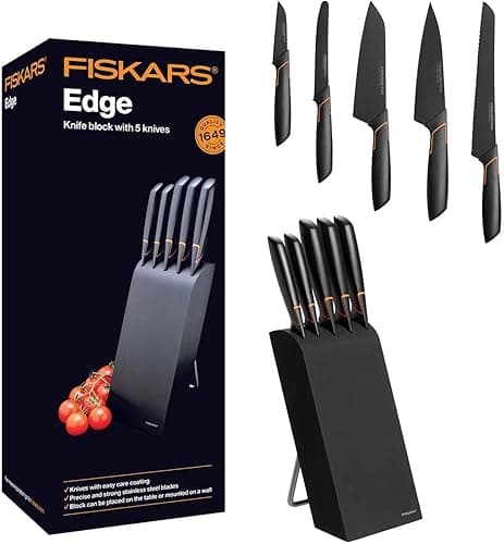 Fiskars Zestaw 5 noży w bloku, Edge, Szerokość: 15,5 cm, Wysokość: 37 cm, Drewno brzozowe,Nowoczesny design, Czarny, 1003099