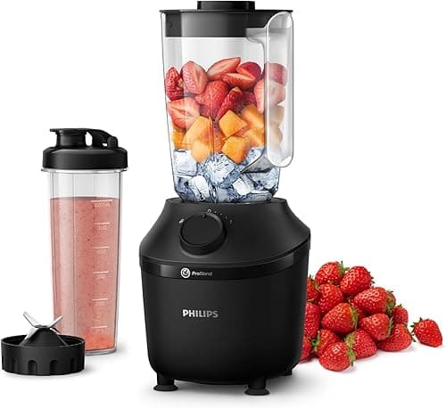 Philips Blender Kielichowy, Moc 450 W, Dokładne blendowanie - Technologia ProBlend, Pojemny dzbanek o pojemności 1,9 L, Butelka do smoothie w zestawie, Kolor Czarny (HR2041/41)