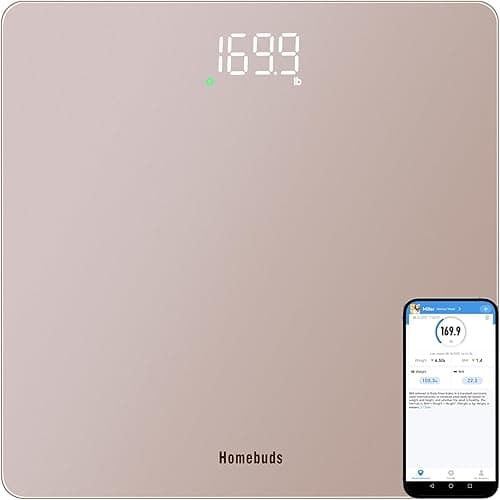 Homebuds Waga Cyfrowa Smart, Precyzja 0,05kg przez Nasza Profesjonalna Fabryka Od 2001, Waga Cyfrowa do Ciala Jasna Dioda LED Step-on, Sync Aplikacji z Wagą i Wskaźnikiem BMI, 182kg, Różowe Złoto