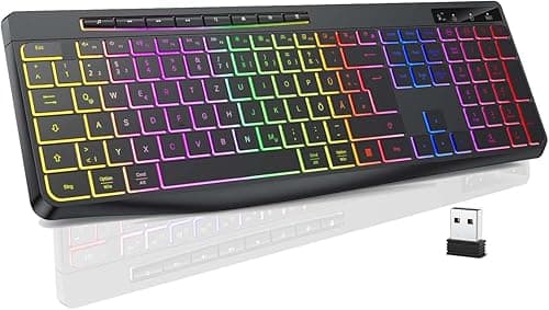 TECURS Klawiatura bezprzewodowa do gier – cicha klawiatura QWERTZ, podświetlana, ergonomiczna, wodoszczelna, 2,4 GHz LED Keyboard do Windows/Mac/PS4/Xbox z przyciskami multimedialnymi, czarna