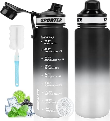 MOMSIV Butelka sportowa na napoje, 1 l, bez BPA, szczelna, z znacznikami czasu i szczotką, do fitnessu, szkoły, roweru