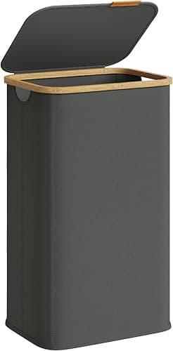 SONGMICS LCB518GN01 kosz na pranie z pokrywką, kosz na pranie, tkanina Oxford, składany, rama bambusowa, do sypialni, salonu, 60 g, 100 l, 42 x 32 x 70,5 cm, szary łupkowy