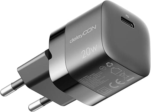 DeleyCON Ładowarka USB C (Kompaktowa, Szybka Ładowarka) Zasilacz USB-C do iPhone 17 16, 15, Pro, Pro Max, iPad, AirPods 4, Airpods Max, Zegarek, Galaxy S25/S24/S23, Telefon Komórkowy, PD 3.0 - Czarny