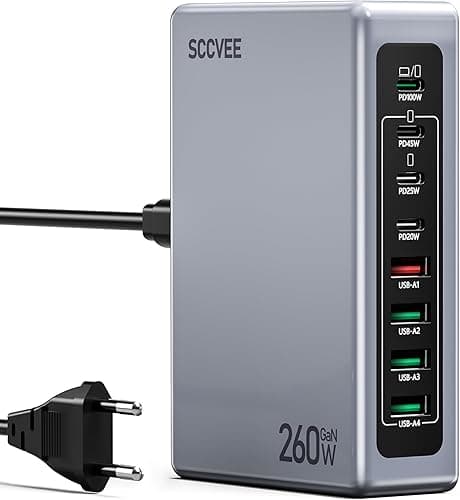 Ładowarka USB C, wielokrotna, 260 W, 8 w 1, USB C, zasilacz sieciowy (4 USB C + 4 USB A), stacja ładująca USB kompatybilna z MacBook Pro/Air/iPad/iPhone/Galaxy/Dell XPS/HP