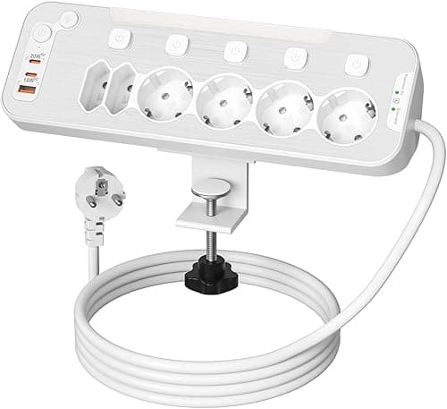 Listwa Zasilająca Biurkowa,Listwa Zasilająca Przeciwprzepięciowa,PD20W Wielokrotne Gniazda 6 Gniazdami z Wyłącznikami,Gniazdo Stołowe ze Zdejmowaną,Stałą Aluminiową Podstawą na Biurko,Kabel 2M,Biały
