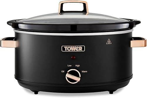 Tower T16043BLK Slow Cooker 6,5-litrowy stojak z 3 ustawieniami ciepła, uchwyty Cool Touch, sprzęt kuchenny, czarny i różowe złoto