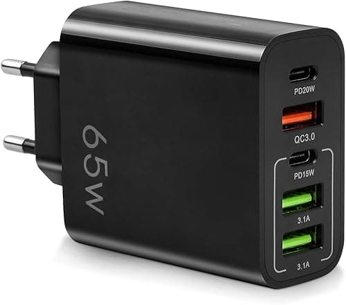 AXFEE szybka ładowarka USB C 65 W, wiele gniazd z 2 USB C + 2 USB + 1 QC 3.0, 5-portowa ładowarka USB kompatybilna z iPhone 14 Pro Max 13 12 11 XS XR 8 7, MacBook Pro/Air, iPad, Galaxy (czarny)