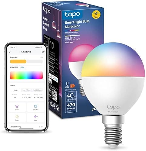 Tapo L430P Smart P45 żarówka Wi-Fi, gniazdo E14, 470 lumenów, 16 mln kolorów, możliwość ściemniania, harmonogram i timer, monitorowanie energii, kompatybilna z Alexa, Google Assistant i Samsung