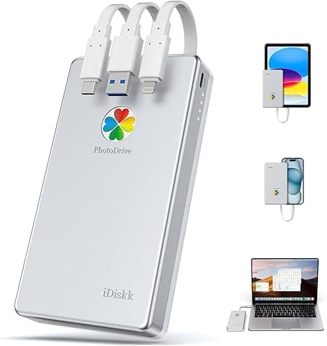 iDiskk 2TB (2000GB) Zewnętrzny dysk twardy iPhone z łącznikiem lightning, certyfikat MFi 3 w 1 wbudowany kabel*3 Przenośny dysk twardy, dysk twardy USB-C dla najnowszych iPhone/iPad/Mac/PC i urządzeń