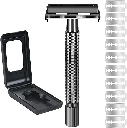 URAQT Maszynka do golenia męska, 2-stronna głowica, Safety Razor, golarka na mokro ze stali nierdzewnej, wysokiej jakości maszynka do golenia w stylu vintage, z 10 ostrzami do golenia, etui podróżnym