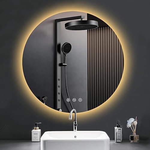 Okrągłe lustro łazienkowe z oświetleniem, 60 cm LED, lustro do łazienki z światłem, antymgławienne, 3 kolory światła, możliwość przyciemnienia, włącznik dotykowy, funkcja pamięci, okrągłe