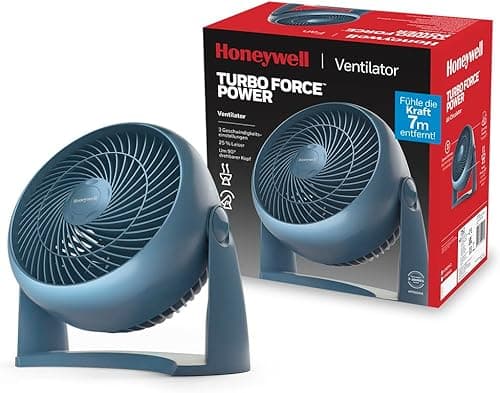 Wentylator Honeywell TurboForce - niebieski (ciche chłodzenie, pochylenie w zakresie 90°, 3 poziomy prędkości, możliwość montażu na ścianie, wentylator stołowy) HT900NE