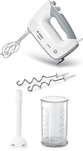 Bosch, mikser ręczny ErgoMixx, 450 W, 5 prędkości, funkcja Turbo, stopa miksująca, haki do ciasta, uchwyt SoftTouch, pojemnik z miarką, MFQ36440, biały