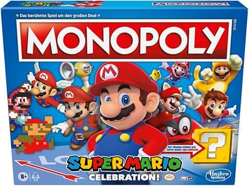 Monopoly E9517100 Super Mario Celebration gra planszowa dla fanów Super Mario, od 8 lat, z efektami dźwiękowymi z gry wideo, multi, standardowa