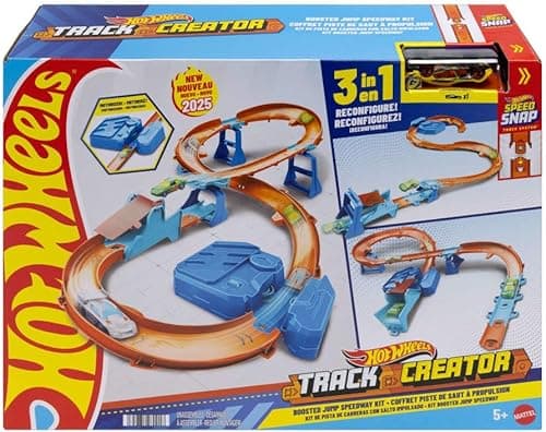 Hot Wheels Track Creator Tor wyścigowy Super skok Zestaw deluxe z przyspieszaczem z napędem + samochód do zabawy w skali 1:64; tor Speed Snap Szybki klik, zabawka dla dzieci 5+, JDB49