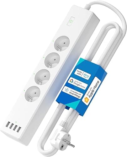 Inteligentna listwa zasilająca (typ E), 16 A, gniazdko Wi-Fi, kompatybilna z Apple HomeKit, Alexa i Google Home (4 gniazda AC i 4 porty USB), inteligentna listwa zasilająca z sterowaniem głosowym