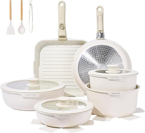 JEETEE 25-częściowy zestaw garnków ze zdejmowanymi uchwytami, patelnie 20/26 cm, garnek do gotowania 18/20 cm, głębokość patelni 26 cm, patelnia grillowa 26 cm, możliwość układania w stos