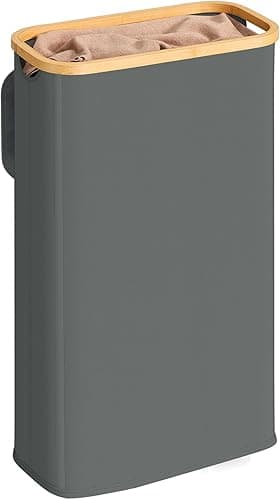 SONGMICS LCB517GN01 kosz na pranie z pokrywką, wąski kosz na pranie, tkanina Oxford, składany, bambusowy, do sypialni, salonu, 70 l, 42 x 22,5 x 70,5 cm, szary łupek