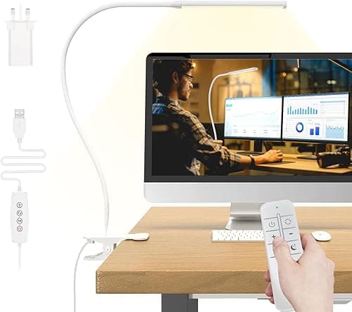 Mojimdo Lampka biurkowa 77 LED z pilotem [Imponująca moc świetlna] 70CM Lampka zaciskowa, 3 kolory & 10 poziomów jasności, 360° Elastyczna z ładowarką USB