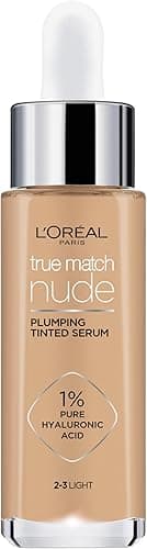 L'Oreal Paris True Match Nude Plumping Tinted Serum, 1% Hyaluronic Acid, Shade 2-3, Light, Instantly Evens, Brightens and Hydrates Skin