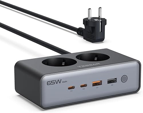 TESSAN Ładowarka USB C, 6-w-1 Stacja Ładująca USB z 2 gniazdami AC, GaN PD 65W Szybka ładowarka z przełącznikiem, kablem przedłużającym 1,5 m do telefonów komórkowych, tabletów i laptopów