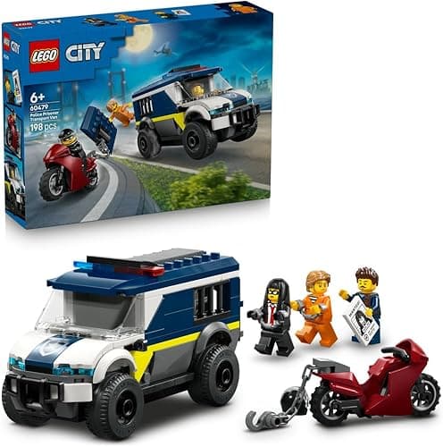 LEGO City Furgonetka policyjnego konwoju więziennego, zabawka dla dzieci z pojazdem ratunkowym i motocyklem, zestaw klocków, pomysł na prezent dla 6-latka na urodziny, dla chłopca i dziewczynki 60479